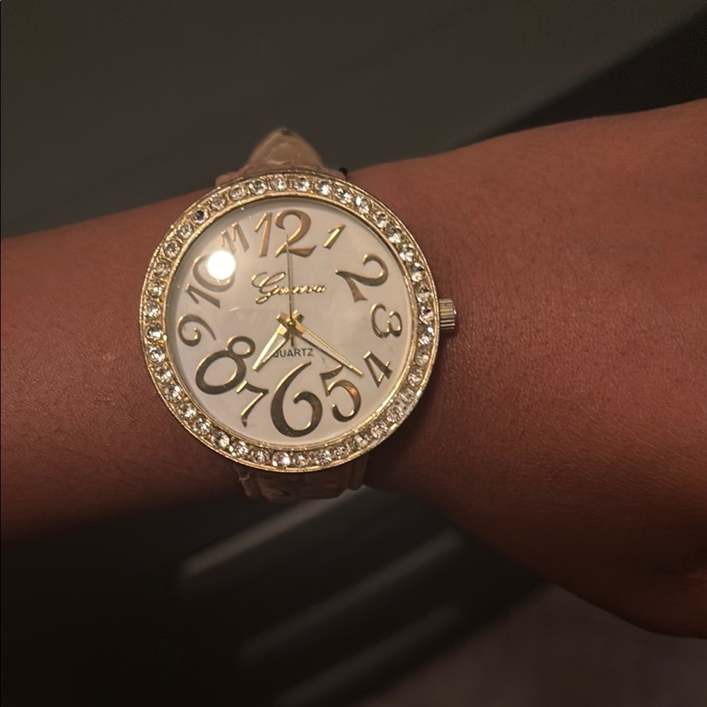 Geneva Gold Watch with Rhinestone Bezel